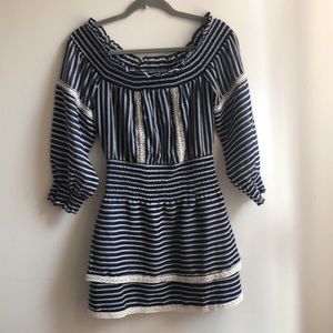 Parker Blue and White off the shoulder mini dress